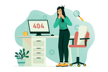 Aufkleber - 404 error concept with people scene in the flat cartoon design. An office worker is trying to fix a computer error. Vector illustration.
