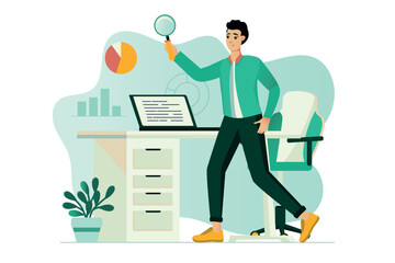 Aufkleber - Data analysis concept with people scene in the flat cartoon style. The employee works with data processing in charts. Vector illustration.