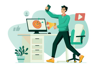 Aufkleber - Digital marketing concept with people scene in the flat cartoon style. A marketer uses digital technologies for his work. Vector illustration.