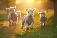 Happy Lambs Running In The Meadow. Generative AI