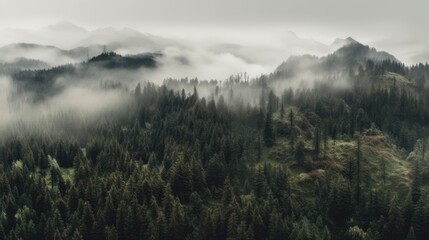 Wall Mural - Misty foggy mountain landscape with forest. Generative AI