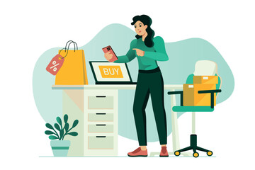 Aufkleber - Online shopping concept with people scene in the flat cartoon design. A girl orders clothes with discounts in an online store. Vector illustration.