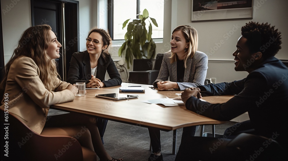 An office space that celebrates diversity with employees from different cultures, genders, and backgrounds working together harmoniously . Generative AI.