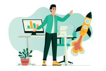 Aufkleber - Startup presentation concept with people scene in the flat cartoon design. A businessman presents his business idea for development. Vector illustration.