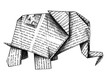 Bleistift Zeichnung von einem dekorativen Origami Elefant aus Zeitung und Papier gebastelt