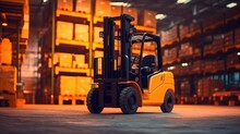 High Rack Stacker Forklift In Huge Distribution Warehouse With High Shelves, Logistics Business.