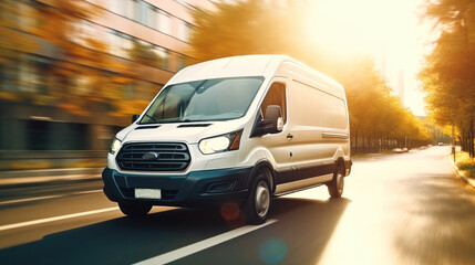 Poster - Free Delivery Van transports goods from internet store to home, Modern transportation service, Logistics, Logistics Business.