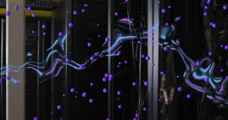 Poster - animation of blue and pink lights and purple spheres over computer servers