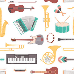 Wall Mural - Seamless pattern with different music instruments on white background. Colored flat vector illustration.