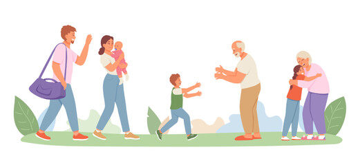 Happy family meet outside. Walk in park, time together concept. Happy woman and man with baby meet parents in park. Grandmother and grandfather with grandchild. Flat vector illustration