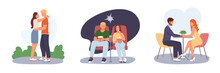 Set Of Man And Woman Hugging, Watching Movie In Theater And Meeting In Restaurant. Friends Meeting. Happy Couple Spending Time Together. Time For Dating And Walk. Flat Vector Illustration