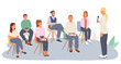 © ANDRII - Active female holding microphone and talking to group of young people. Conference for different workers. Project presentation, collective meeting. Vector flat illustration in cartoon style