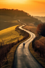 Generative AI Winding road in the countryside at sunset. Beautiful landscape with a cyclist.