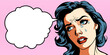Crying young beautiful woman with speech bubble, vector illustration in vintage pop art comic style