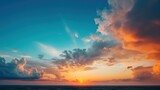 Fototapeta  - Blue sky with clouds at sunset. Panorama. Bright orange sky. Bright fantasy sky. Generative AI.