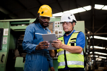 Engineer worker wearing safety uniform control operating and check controlled Lathe grinding machine working in industry factory is industry technology concept.