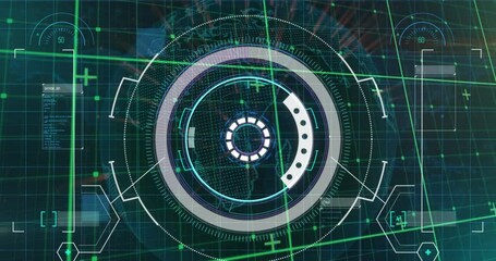 Poster - animation of circles and computer language over map and globe against abstract background