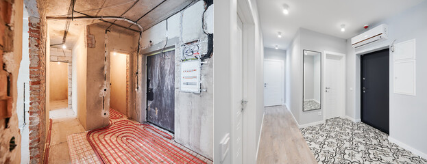 comparison of old flat with underfloor heating pipes and new renovated apartment with modern interio