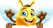 A honey or bumble bee cartoon bumblebee cute cartoon mascot peeking over a sign