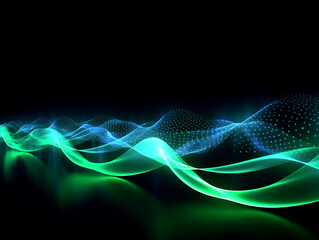 Sticker - Blue green glow waves, in the style of dotted, 3d space, abstract blue lights, streamlined design, rhythmic lines, lens flare, stockphoto, backlight, no text on the picture