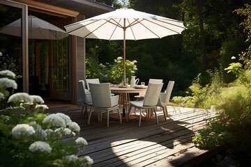 Wall Mural - Terrace with a large parasolon a wooden floor, dining table with wooden chairs and table