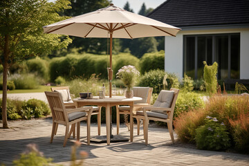 Wall Mural - Garden chairs, garden table and parasol in the garden, cozy at home in the garden