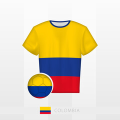 Sticker - Football uniform of national team of Colombia with football ball with flag of Colombia. Soccer jersey and soccerball with flag.