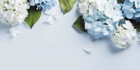 blue hydrangea or hortensia mockup. flower blossom composition with petals. top view, flat lay. gree