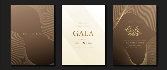 Wall Mural - Luxury gala invitation card background vector. Golden elegant wavy gold line pattern on white and brown background. Premium design illustration for wedding and vip cover template, grand opening.