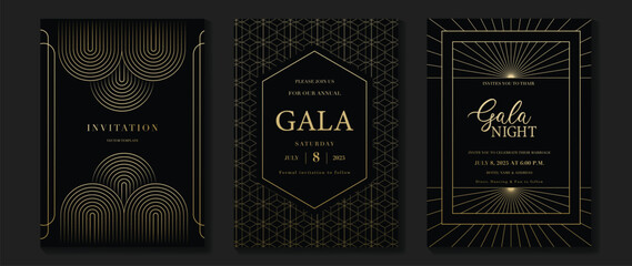 Canvas Print - Luxury gala invitation card background vector. Golden elegant geometric pattern, gold line on dark background. Premium design illustration for wedding and vip cover template, grand opening.