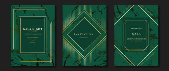 luxury gala invitation card background vector. golden elegant geometric shape, marble pattern on gre