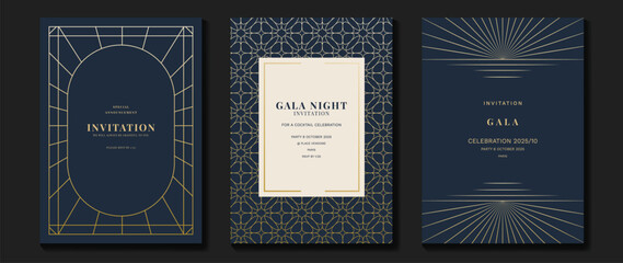 Wall Mural - Luxury gala invitation card background vector. Golden elegant geometric pattern, gold line on dark blue background. Premium design illustration for wedding and vip cover template, grand opening.
