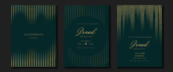 Luxury gala invitation card background vector. Golden elegant geometric shape, gold line pattern on green background. Premium design illustration for wedding and vip cover template, grand opening.