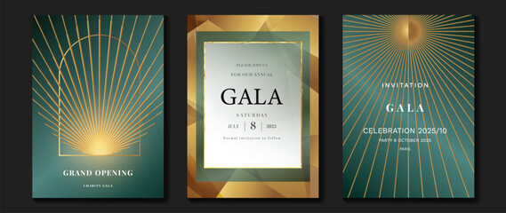 Wall Mural - luxury gala invitation card background vector. golden elegant geometric shape, gold line on green an