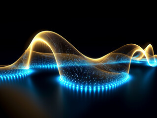 Poster - Gold blue glow waves, in the style of dotted, 3d space, abstract blue lights, streamlined design, rhythmic lines, lens flare, stockphoto, backlight, no text on the picture