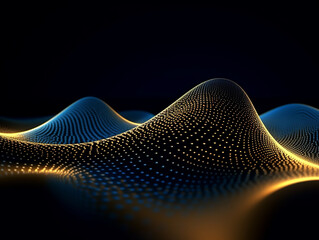 Poster - Gold blue glow waves, in the style of dotted, 3d space, abstract blue lights, streamlined design, rhythmic lines, lens flare, stockphoto, backlight, no text on the picture