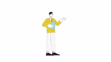 Fototapete - Manager with papers animation. Animated cartoon office man with business report. Isolated colour flat line 2D character 4K video footage, white background, alpha channel transparency for web design