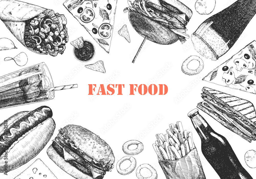 Fast Food Menu. Hand-drawn illustration of dishes and products. Ink ...