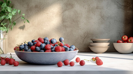 strawberries and strawberries in a bowl on a kitchen counter with some fresh berries next to the bowl is full of strawberries