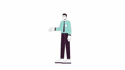 Poster - Salesperson presenting animation. Animated cartoon confident salesman pointing. Isolated colour flat line 2D character 4K video footage, white background, alpha channel transparency for web design