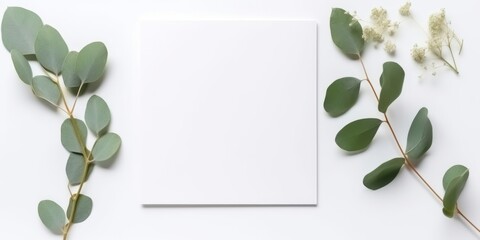 Wall Mural - Minimalist Greeting Card Mockup with Delicate Dry Eucalyptus Leaves - Top View on a Clean White Background,  Generative AI