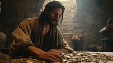 Portrait Of Matthew Counting The Tax Money In A Payhouse In Capernaum. Christian Illustration.