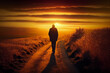 © pavlofox - A lonely man walks along the road. The passer-by goes and the sunset. AI Generated
