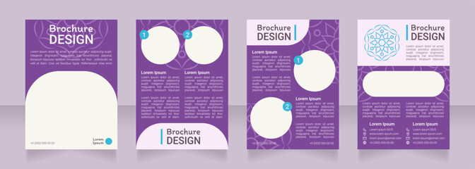 Violet boho ornamental blank brochure design. Template set with copy space for text. Premade corporate reports collection. Editable 4 paper pages. Roboto Light, Medium, Itim Regular fonts used