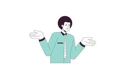Poster - Confused smiling clerk man animation. Animated cartoon doubt gesture. Isolated colour flat line 2D character 4K video footage, white background, alpha channel transparency for web design