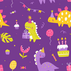 Wall Mural - Cute dino birthday party pattern. Seamless purple vector print with abstract dinosaurs party for wrapping paper.