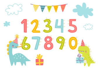 Wall Mural - Cute dino set of numbers for birthday party invitation. Numerals collection with naive dinosaurs and decorations.
