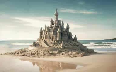 Wall Mural - Sand castle on the beach. Generative AI technology.