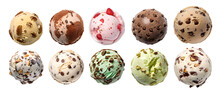Ice Cream Scoop Ball On Transparent Background Cutout, Top View. PNG File. Many Assorted Different Flavour Mockup Template For Artwork Design.