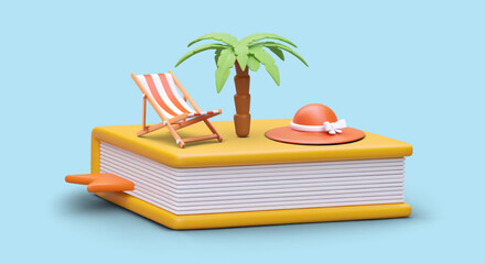 Resting with book. Deckchair, palm tree, sun hat on giant tome. Interesting relax stories. Favorite author. Pleasant leisure. 3D illustration on blue background